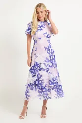 Women's Petite Floral Burn Out Ruffle Midi Dress in Pink Size: 12 - Pink - Size: 12