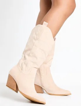 Womens Faux Suede Calf High Embroidered Western Boots - Beige - Size Uk 3 - Boohoo - FashionsVida