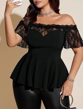 Blusa negra ajustada con encaje y hombros descubiertos, talla grande 2XL - Shein - FashionsVida