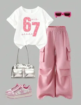 Conjunto de top de manga corta con cuello redondo y estampado de dibujos animados y pantalones cargo para niña 8Y - Shein - FashionsVida