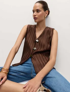 Plisse V-Neck Button Through Waistcoat Chocolate female - M&S - FashionsVida