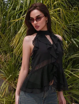 Nueva Llegada Top Halter de Gasa Negra con Volantes y Lazo – Estilo Bohemio de Verano Casual XS - Shein - FashionsVida