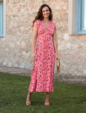 Vestido largo estampado con escote en V - Polin et Moi - FashionsVida
