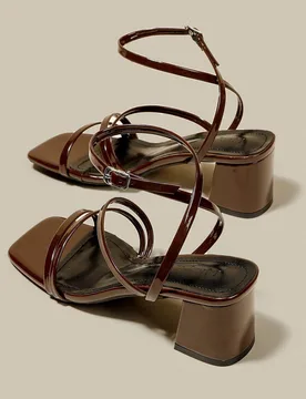 Sandalias de tacón alto de color café con leche para mujer, sandalias con tiras cruzadas, de punta abierta y cordones, con tacón grueso, zapatos de - Shein - FashionsVida