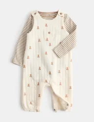 Piece Cotton Rich Teddy Dungaree Outfit (7lbs - 1 yrs) Light Cream unisex