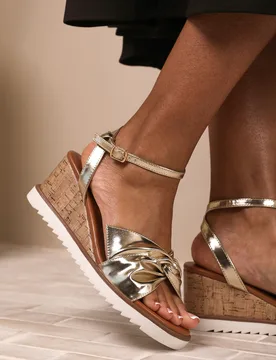 Wheres Womens 'Qween' Knot Detail Wedge Shoes With Buckle Ankle Strap - Gold - Size Uk 6 - Where's That From - FashionsVida