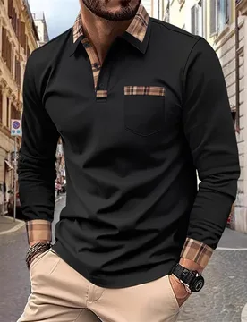 Men's stylish plaid patchwork long-sleeved polo shirt, casual slim fit, color-blocked collar, versatile for everyday wear - Aliexpress - FashionsVida
