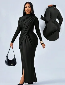 Vestido largo de mujer de talla grande para otoño e invierno, con cuello alto, manga larga, abertura alta en el muslo, estilo elegante. Diversidad de - Shein - FashionsVida