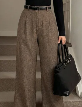 Pantalones de cintura alta con pliegues y bolsillos, estilo elegante de oficina para profesoras en invierno, color marrón espresso, pantalones anchos - Shein - FashionsVida