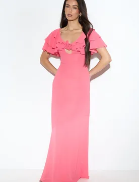 Womens Chiffon Ruffle Sheer Maxi Dress - Coral - Size 6 Uk - misspap - FashionsVida