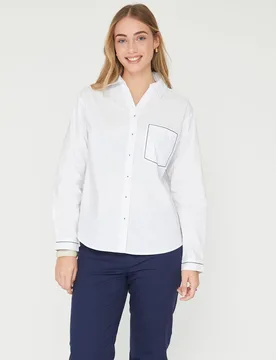 Blusa de mujer popelin con puntadas decorativas en color de contraste - October - FashionsVida