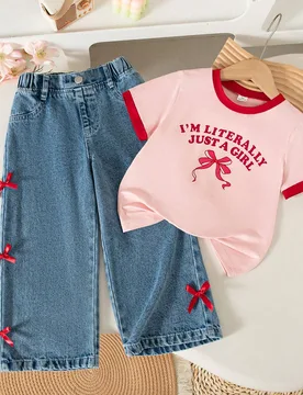 Camiseta para niñas de otoño nueva minimalista con cuello safari, puños, bloques de color, estampado de lazo inglés, pantalones vaqueros casuales - Shein - FashionsVida