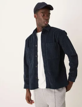 Mens Cord Overshirt In Navy Pin Stripe - Blue - Size 2xl - Selected - FashionsVida