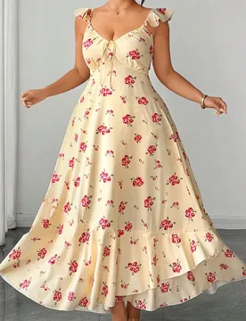 Vestido Maxi Talla Grande Bicolor con Estampado Floral Pequeño Cuello Cuadrado Volantes Manga Flutter Nudo Delantero Cintura Ceñida Corte A Elegante - Shein - FashionsVida