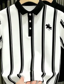 Polo de hombre casual clásico con rayas negras y blancas y gráfico de caballo, adecuado para ocio y uso diario - Shein - FashionsVida