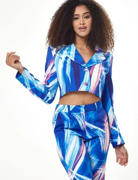 Women's Graphic Print Crop Blazer In Blue Size: 8 - Multicolor - Size: 8 - Liquorish - FashionsVida