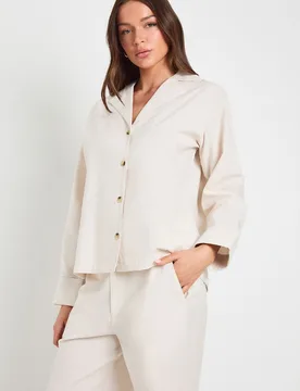 Womens Linen Mix Relaxed Fit Long Sleeve Shirt - Beige - Size 6 Uk - Boohoo - FashionsVida