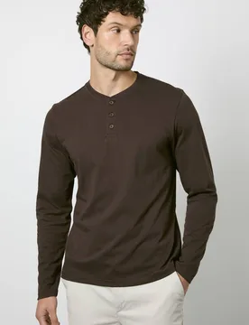 Men's Dark Espresso Long Sleeve Grandad Neck T-shirt in Dark Brown Size: XL - Dark Brown - Size: XL - Burton - FashionsVida