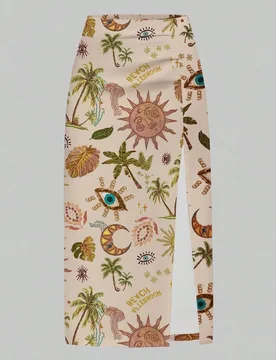 Falda de mujer con abertura alta, ajustada y con estampado de palmeras, adecuada para salir de vacaciones a la playa M - Shein - FashionsVida