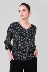 Women's Floral Print Button Front Blouse in Black Size: 10 - Black - Size: 10