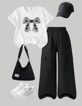 Set de 2 piezas de camiseta y pantalón cargo informal para niñas preadolescentes, camiseta de cuello redondo de manga corta con bordado de lazo y pa - Shein - FashionsVida