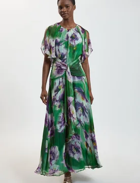 Womens Petite Floral Print Viscose Georgette Cape Sleeve Ruffle Woven Maxi Dress - Green - Size 10 Uk - Karen millen - FashionsVida