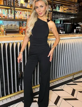 Women's Black Hardware Detail Draped Waist Jumpsuit Size: 14 - Black - Size: 14 - AX Paris - FashionsVida