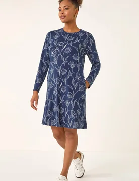 Women's Floral Print Side Button Stretch Dress in Navy Size: 12 - Navy - Size: 12 - Roman - FashionsVida