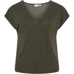 Camiseta mujer de manga corta con escote de pico con detalle de encaje