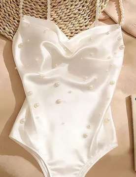 Body elegante y sexy para mujer de color liso con decoración de perlas falsas, cuello drapeado, para boda, cita nocturna, fiesta y salida nocturna, b - Shein - FashionsVida