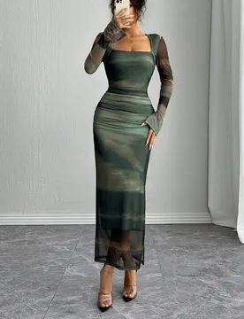 Vestido ajustado con cuello en U, manga larga con puño abierto, cintura con cordón, estampado abstracto de malla, vestido largo para mujer L - Shein - FashionsVida