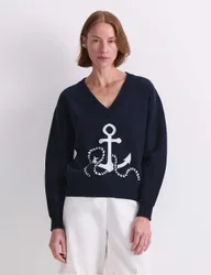 Cotton Rich Anchor Jacquard V-Neck Jumper Navy female