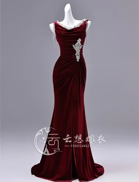 A one-shoulder velvet wine red fishtail banquet dress for toasting - Aliexpress - FashionsVida
