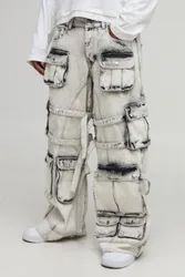 Mens Super Baggy Extreme Washed Multi Cargo Jeans - White Cotton - Size 32r