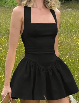 Vestido mini elegante y casual de unicolor con volantes en el bajo y cuello halter, adecuado para citas por la noche, fiestas en primavera y verano, j - Shein - FashionsVida