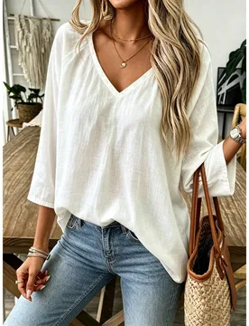 Blusa de manga corta con cuello en V, minimalista y elegante, adecuada para ir al trabajo y uso diario, color blanco para mujer XL - Shein - FashionsVida