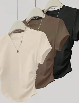 Set de 3 piezas de tops para mujer para exteriores, en color champán, marrón moca y negro, nuevas llegadas de verano, camiseta ajustada con pliegues - Shein - FashionsVida