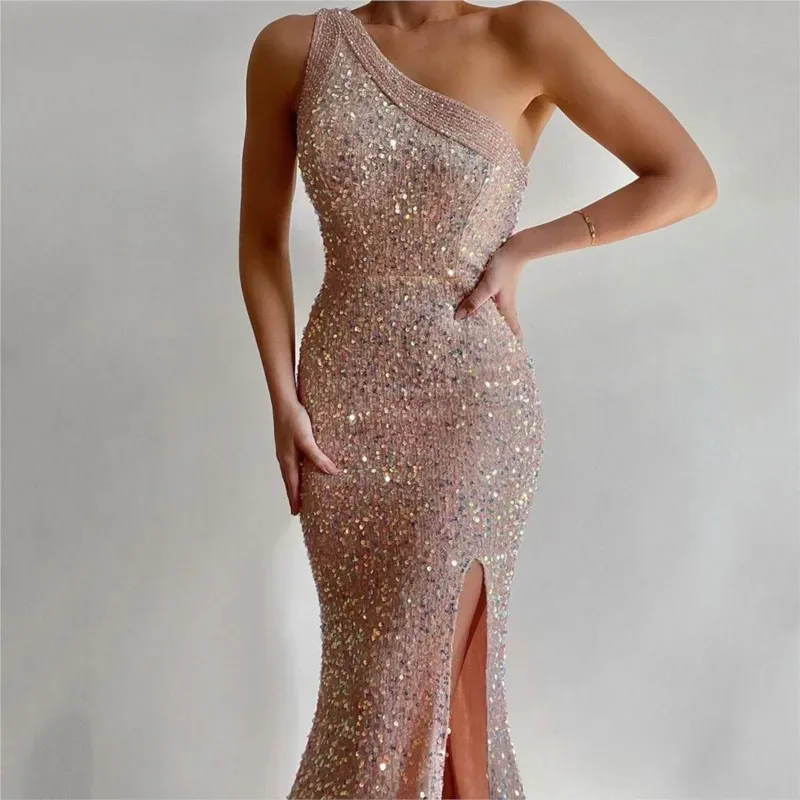 New pink slit long single-shoulder sequined dress - Aliexpress - FashionsVida
