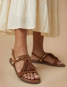 Women's Tabi Faux Sued Tassel Trim Flat Sandals in Chocolate Size: 3 - Chocolate - Size: 3 - OASIS - FashionsVida