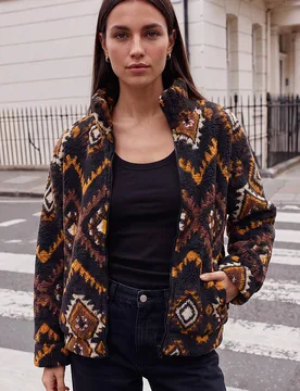 Women's Aztec Zip Fleece Jacket in Black Size: 14 - Black - Size: 14 - Roman - FashionsVida