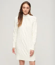 Superdry Damen Pulloverkleid mit Zopfmuster und Stehkragen Weiß - Größe: 36