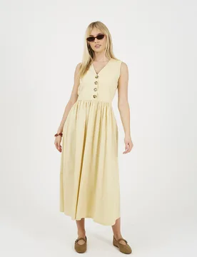Womens Yellow Sleeveless V-Neck Button Down Midi Dress - Size Small - Brave soul - FashionsVida