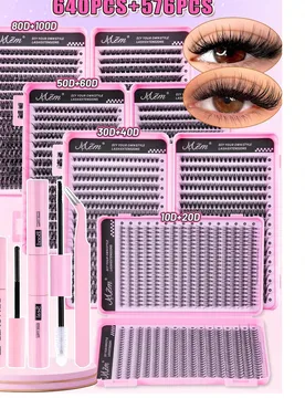 Set de 640 piezas de pestañas postizas individuales en racimo D-Curl DIY – Incluye pegamento para pestañas, sellador y aplicador; apto para princi - Shein - FashionsVida