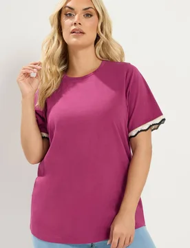 Women's Crochet Trim T-Shirt in Magenta Size: 34-36 - Magenta - Size: 34-36 - Yours - FashionsVida