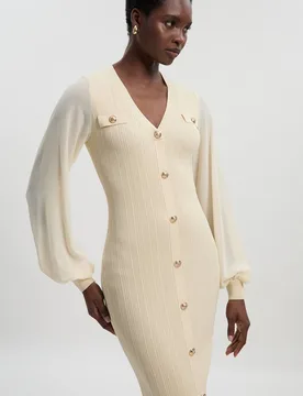 Women's Petite Forever Viscose Blend Rib Knit Chiffon Sleeve Midi Dress in Cream Size: Small - Cream - Size: S - Karen millen - FashionsVida