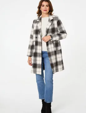 Women's Checked Double Breasted Longline Coat in Beige Size: 14 - Beige - Size: 14 - Izabel London - FashionsVida