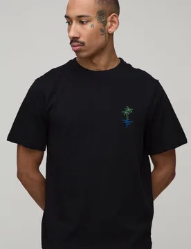 Mens Black Regular Fit Palm Tree Embroidered T-Shirt Cotton - Size Medium - boohooMAN - FashionsVida