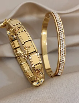 Elegant Double-layer Zircon Shiny Stainless Steel Bangle for Women Italian Chain Spring Golden Waterproof Bracelet Party Jewelry - Aliexpress - FashionsVida