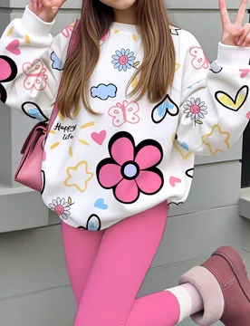 Conjunto de sudadera de cuello redondo y pantalones largos de cintura elástica para niñas preadolescentes, con gráfico de corazón floral dibujado - Shein - FashionsVida