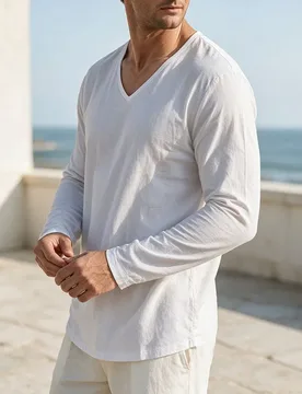 Men V Neck Linen Long Sleeve Shirt Solid Color Loose Fit Spring Autumn Daily Seaside Vacation Outdoor Walking Casual Daily Tops - Aliexpress - FashionsVida